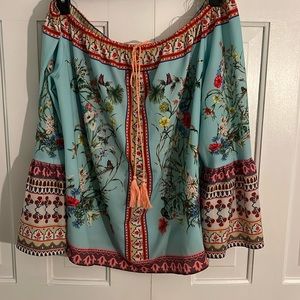 Umgee Light Blue Floral Off-Shoulder Blouse with Tassel Tie